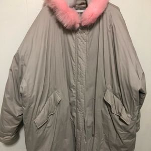 Asos oversized gray parka with pink faux fur hood